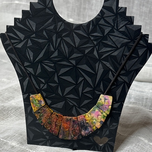Artisan Handcrafted Multicolor Mosaic Tile Inspired Tribal Sculpted Necklace EUC - Picture 1 of 16